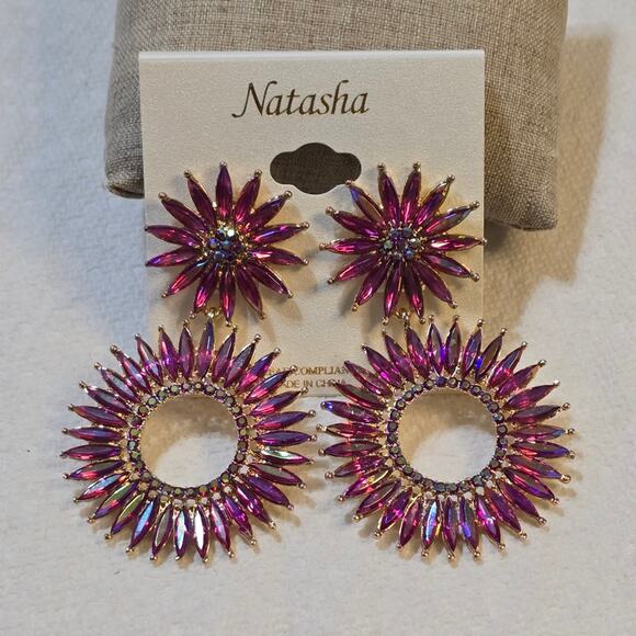 Natasha Gorgeous Pink Iridescent Starburst Chandelier Earrings New! - Picture 4 of 7